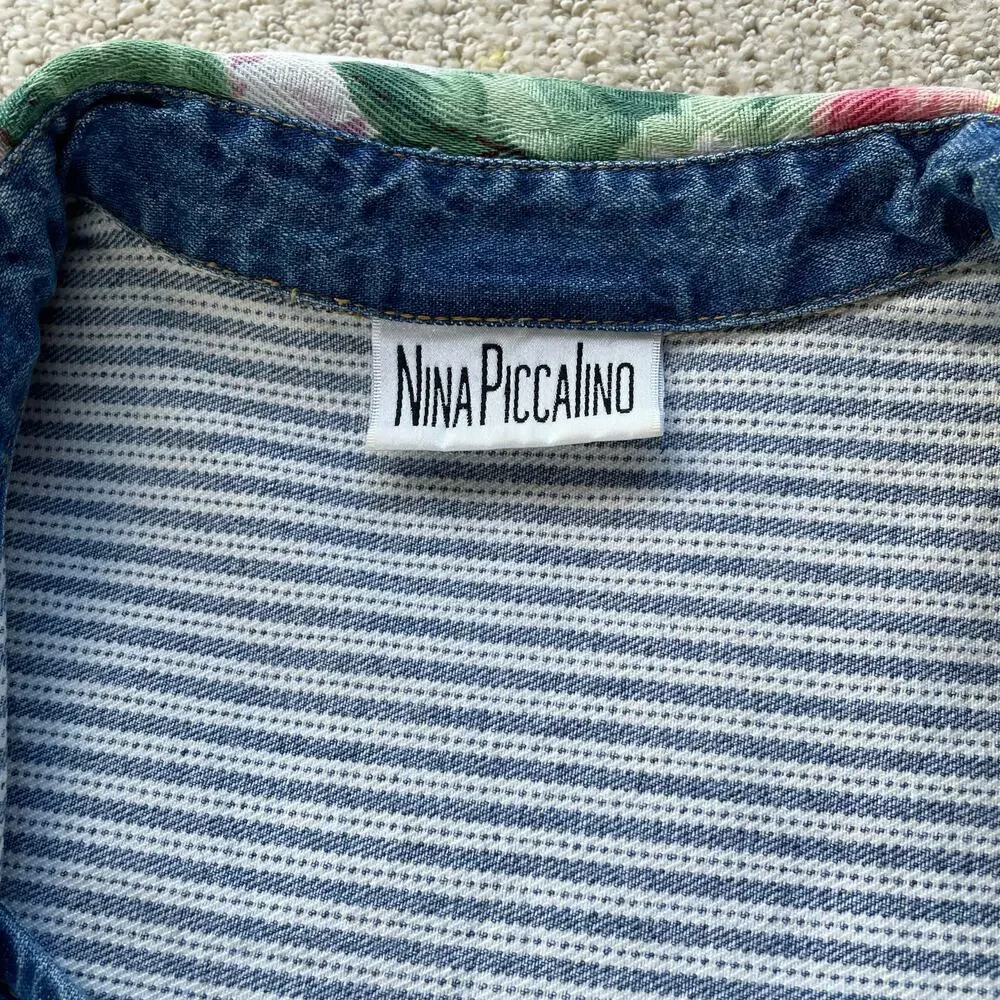 🔥VTG Nina Piccalino Denim Dress Fit & Flare Button Down Patchwork Boho Cottage - Picture 13 of 14